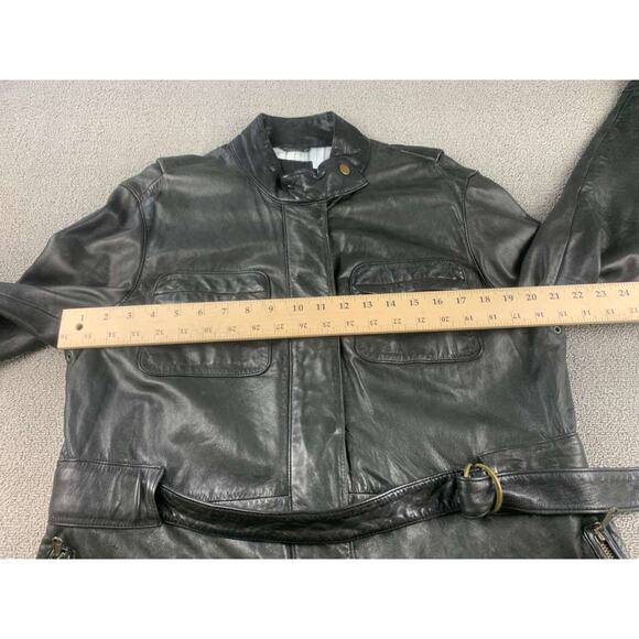Vintage GAP Leather Jacket Women XL Black Utility Biker Safari Belted Pockets - Picture 7 of 9
